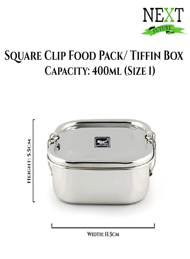 Next Future Stainless Steel Square Lunch Box/Food Pack, High Polish One Tier Tiffin Box for School and Office use with Steel Seperator Plate & Locking Clip - Small Size 11.5x11.5x5.5cm, 400ml - Image 2